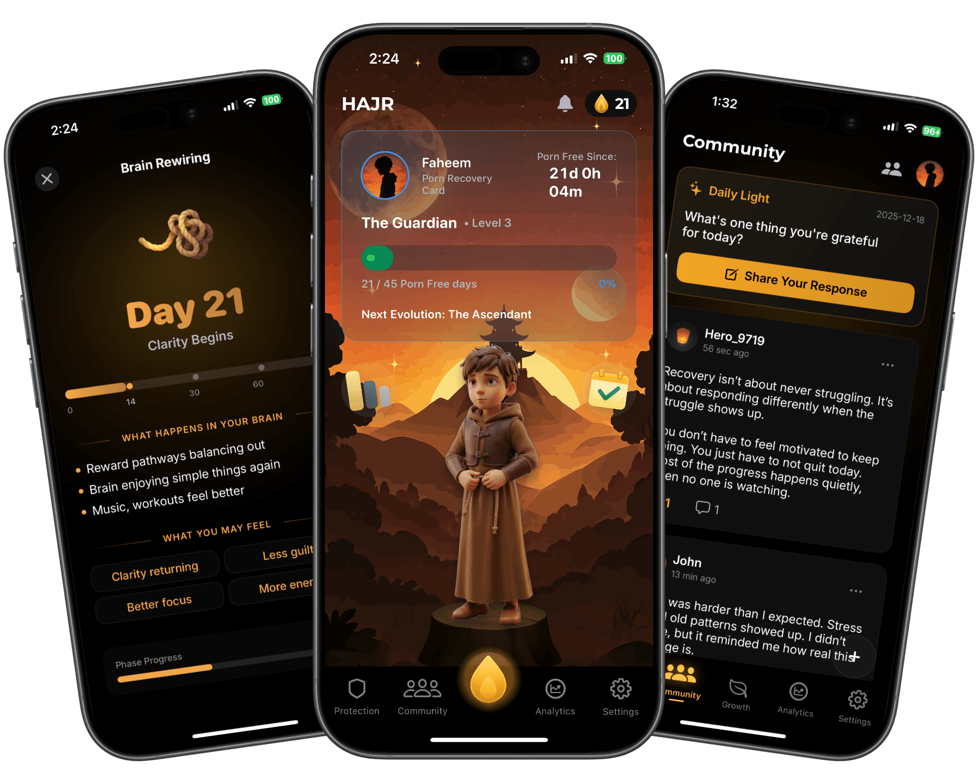 HAJR app recovery progress and protection screens on iPhone