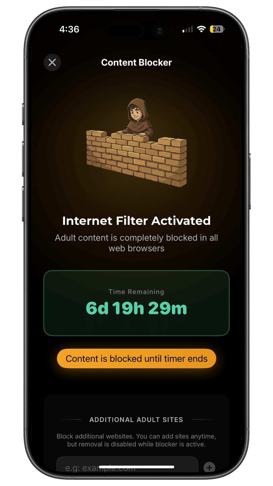 HAJR blocking screen showing blocking active and a countdown until the timer ends