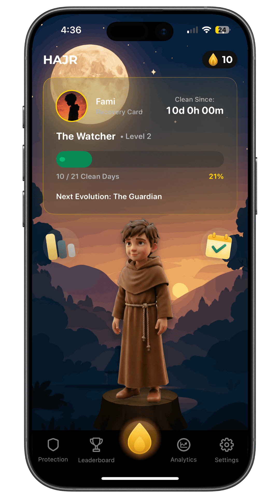 HAJR recovery journey screen showing a mascot, porn-free time, level and progress toward the next evolution