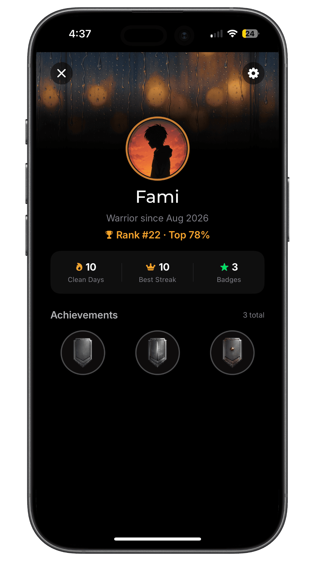 HAJR pseudonymous profile showing streaks, badges and recovery achievements