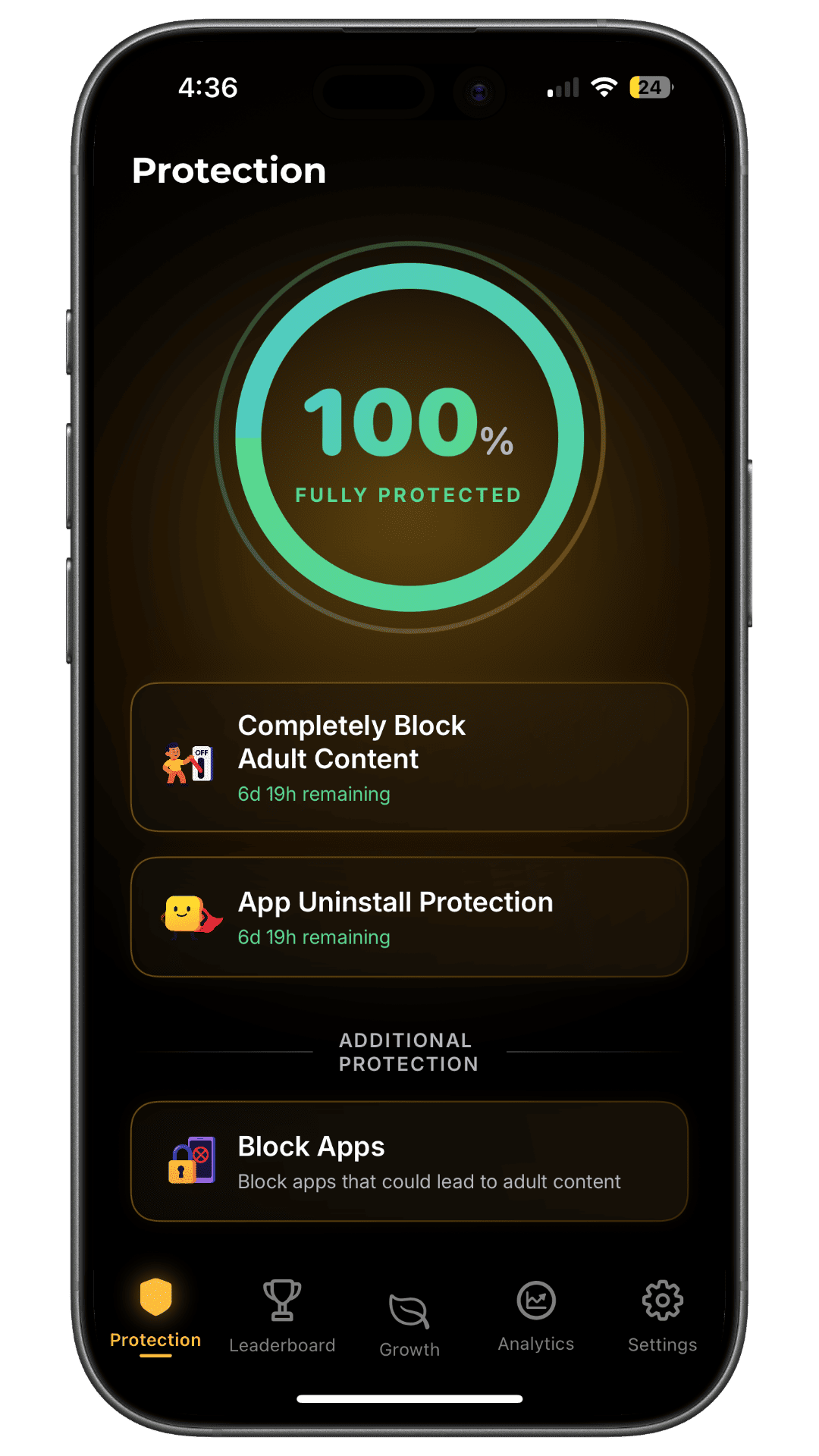 HAJR Protection dashboard showing active adult-content protection, uninstall protection and app blocking