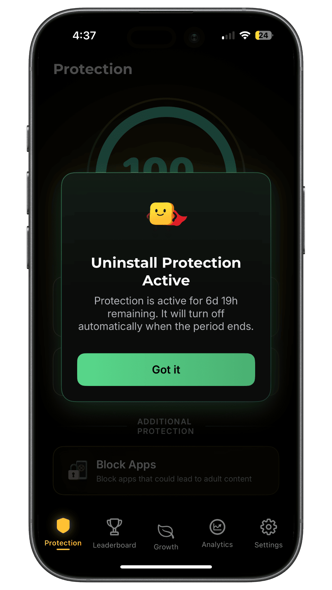 HAJR confirmation showing uninstall protection active for the remaining selected period