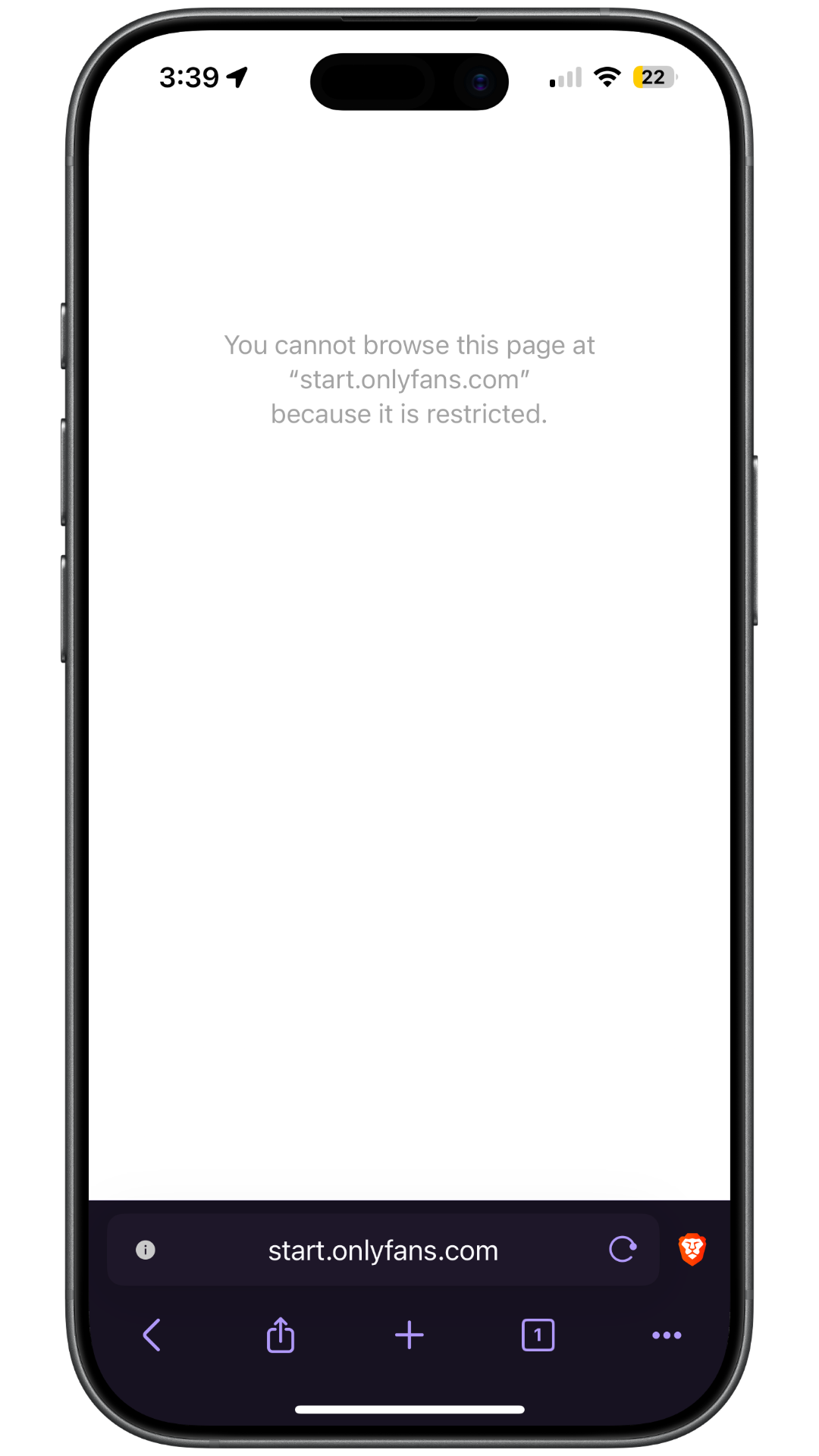 iPhone running the Brave browser showing start.onlyfans.com with the message: You cannot browse this page because it is restricted
